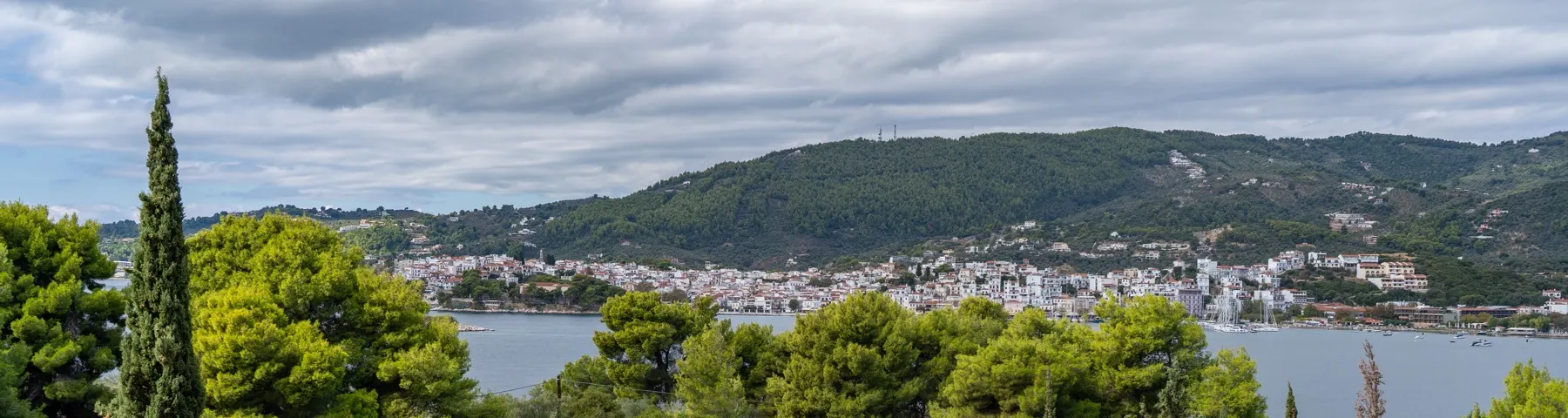 Skiathos Town and the bay across the water, seen from the hill at CORE